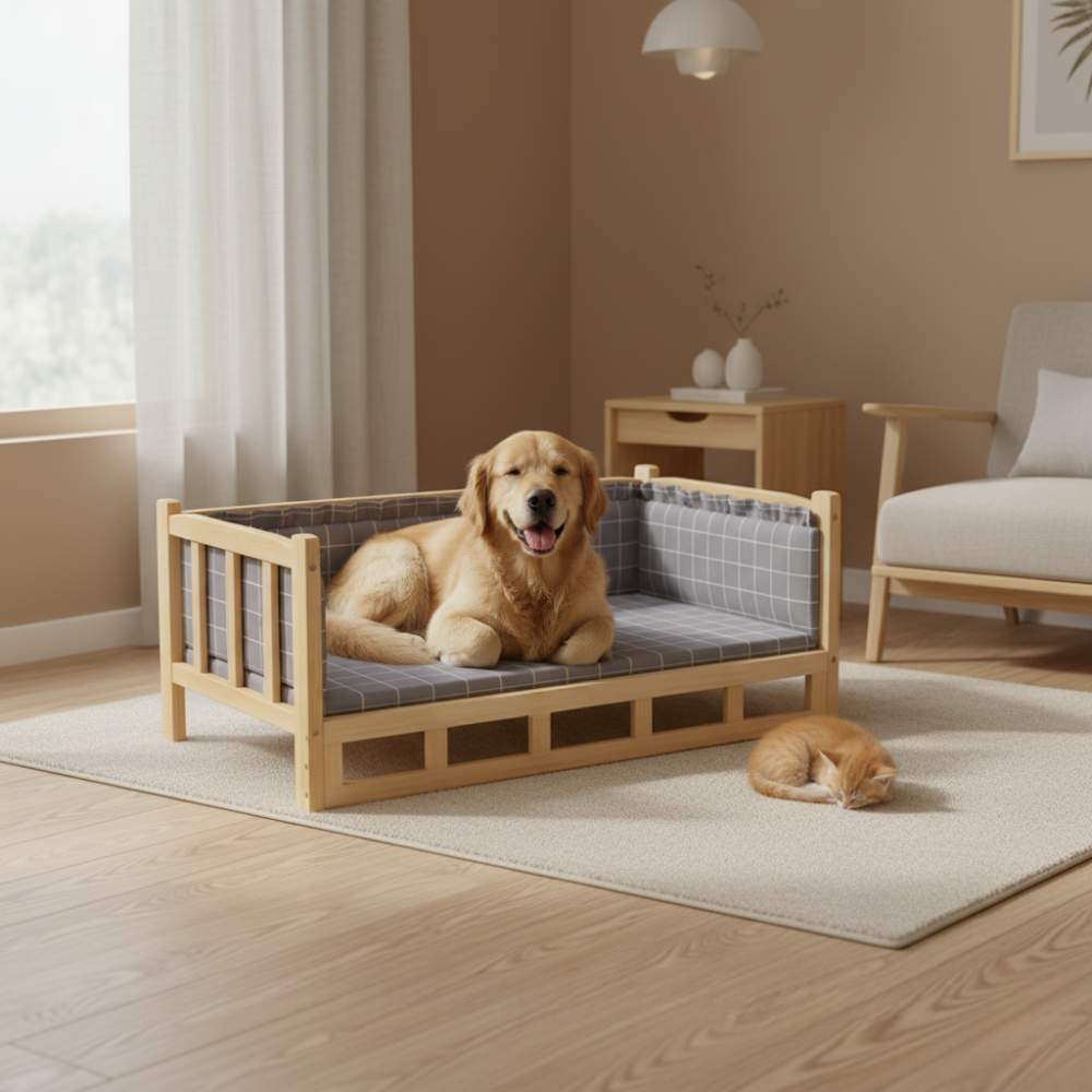Raised Wooden Dog Bed | Washable Foam