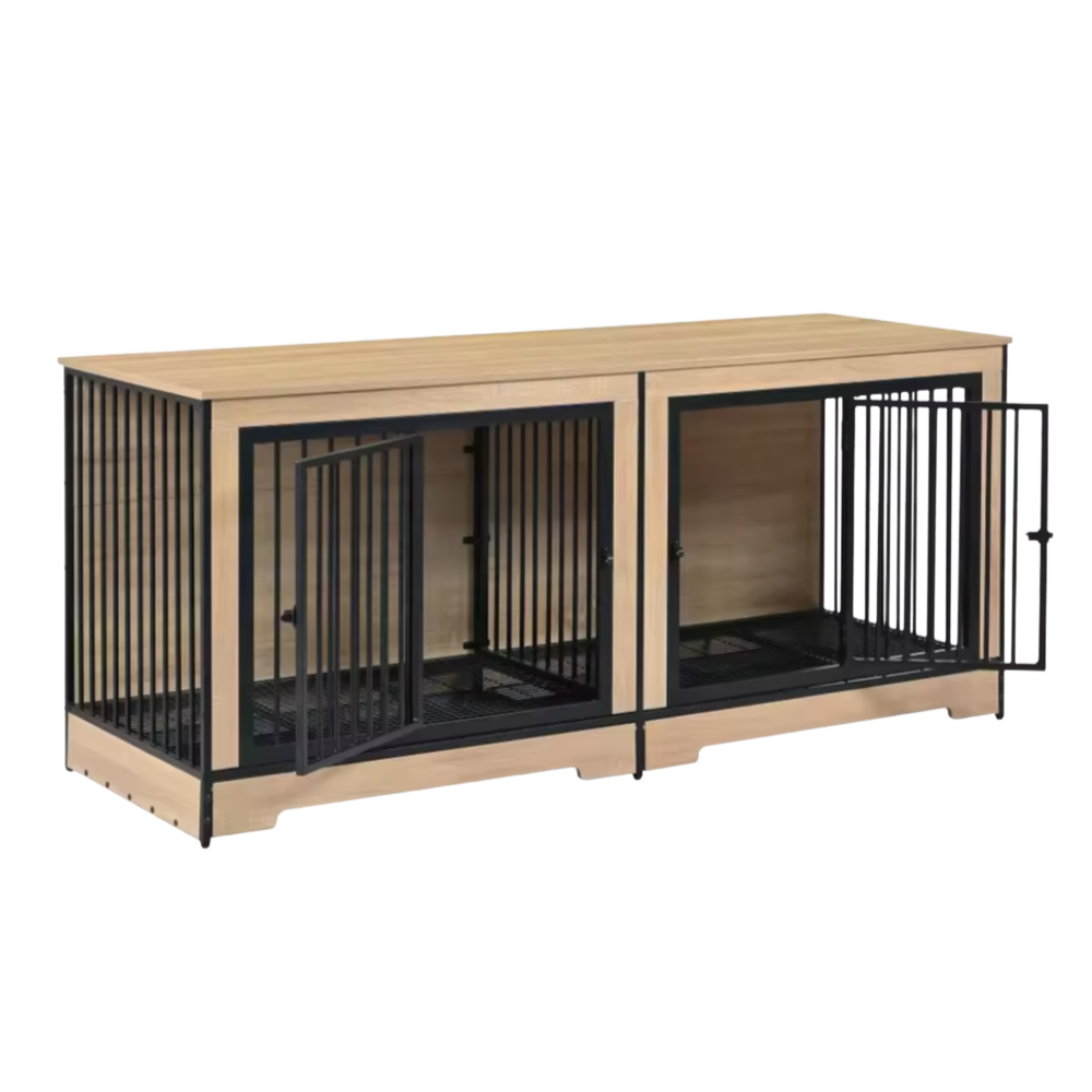 XL Dog Crate Japandi Style Wooden Crate with Steel Bars