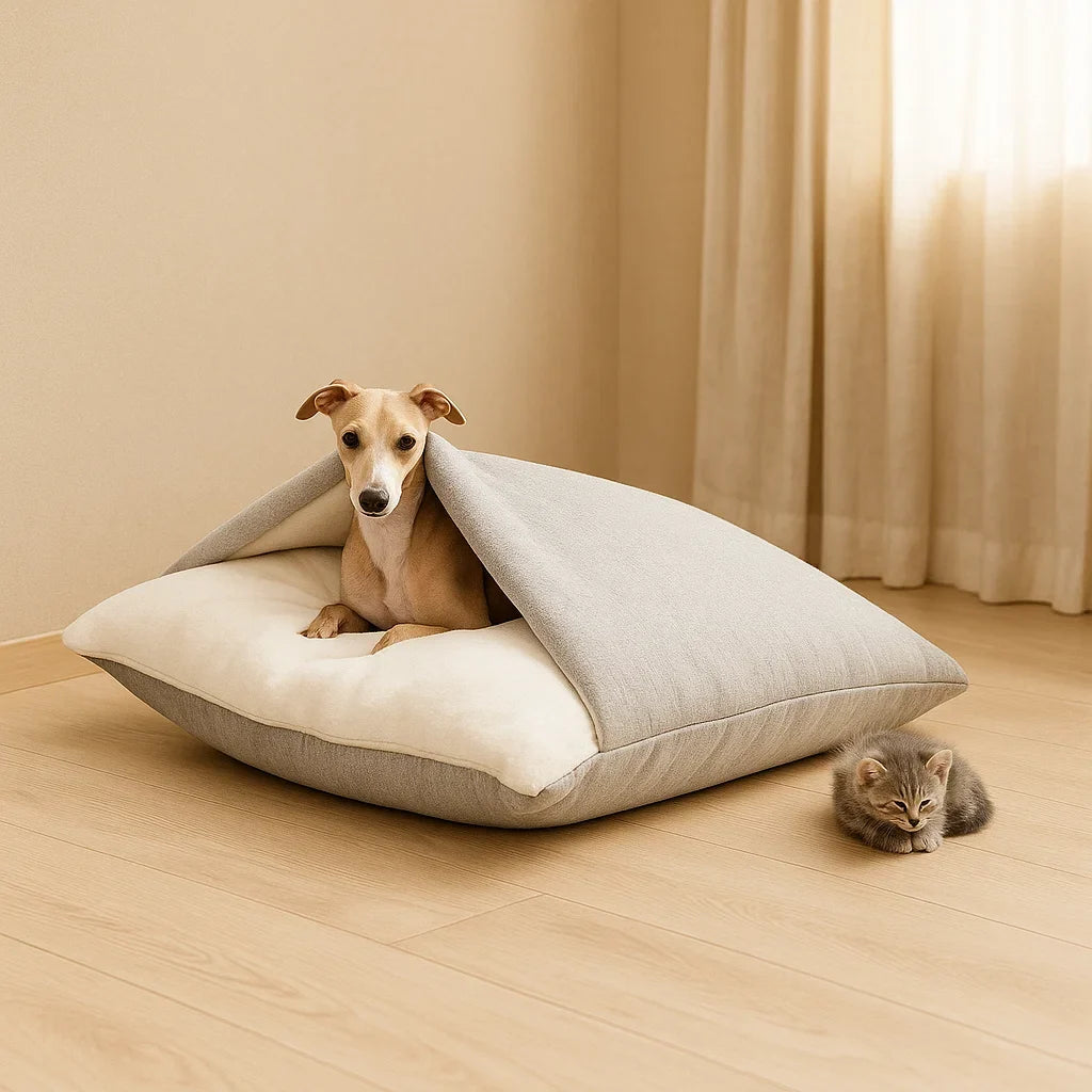 Dog Bed with Attached Blanket | Washable Cushion